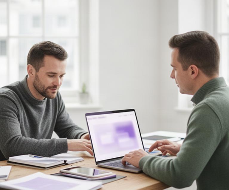 Software product lead and engineer reviewing a SaaS service dashboard at a shared desk in a bright Irish studio